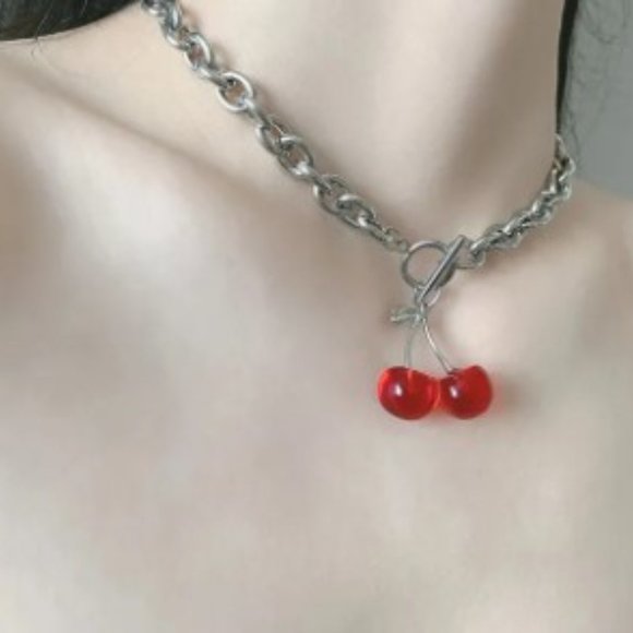 Red Cherry Toggle Choker Chain Necklace - Picture 4 of 5